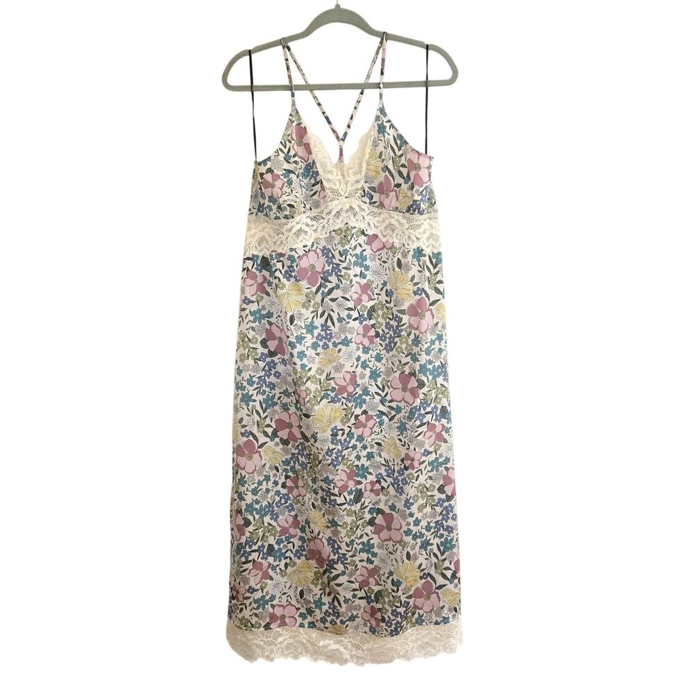 CERULE Floral Lace Trim Midi Slip Dress V-Neck Crisscross Back Size M